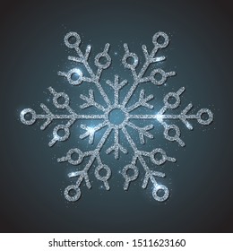 Brilliant glitter texture snowflake isolated on dark background. Glossy snowflake for Happy New Year and Merry Xmas event decoration. Precious and luxury winter season design vector illustration.