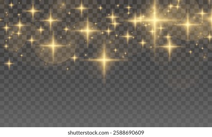 Brilliant Gold Light Sparkles - Beautiful Twinkling Star Effects with Soft Radiance and Transparent Background, Ideal for Holiday, Celebration, and Enchanting Fantasy Visuals