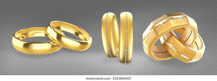 Brilliant golden wedding bands collection in different styles. Classic smooth circles, contemporary geometric patterns and faceted designs of jewelry. Metallic rings with sparkling highlights.