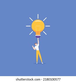 buena y brillante idea, mejor solución, nuevo pensamiento. resolución de problemas. creativo e innovador. trabajador inteligente. un hombre o un hombre de negocios encuentra una gran lámpara o inspiración. diseño de concepto de ilustración