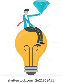 brilliant and good idea, best solution, new thought. problem solving. creative and innovative. smart workers. a man or businessman sits on a lamp and gets a diamond. illustration concept design
