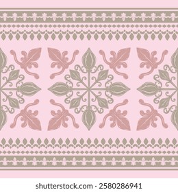 Brilliant Gorgeous Honor Gentle Scroll Ornament Geometric Rim Luxury Rich Silk Weaves on Pink Background. Beautiful Ancient Legacy Traditional Border Pattern. Old Rose Gold Decoration Embroidery Lace.