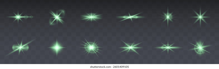  brilliant green glowing light effect with sparkling stars, radiant flares, and magical bursts. Perfect for celebrations, festive designs, fantasy visuals, and abstract luminous backgrounds. Vector