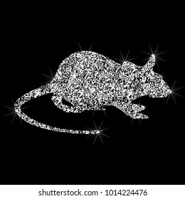 A brilliant icon of the rat. Effect of diamond. Transparent silver jewelry sign. Sparkling icon of rat. Silhouettes of jewelry rat with long tail.