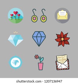 brilliant icon set. vector set about flower, letter, diamond and earrings icons set.