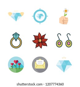brilliant icon set. vector set about earrings, engagement ring, letter and diamond icons set.
