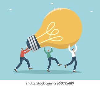 Brilliant idea to achieve great success, brainstorming to innovate for profit, teamwork on new creative projects, collaboration or partnership to find successful strategy, people carry huge light bulb