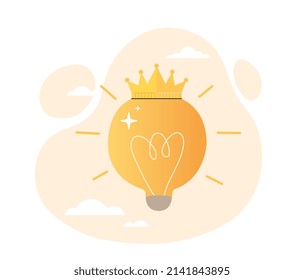 Brilliant idea concept. Electric light bulb in crown, metaphor for creative person. Method to make money, start up for successful entrepreneur or businessman. Cartoon flat vector illustration