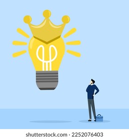Brilliant idea concept, Shiny shining light bulb idea lamp wearing golden crown. Great and brilliant ideas, creative geniuses or winning ideas for business development.