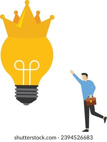 Brilliant idea concept, Shiny shining light bulb idea lamp wearing golden crown. Great and brilliant ideas, creative geniuses or winning ideas for business development.

