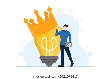 Brilliant idea concept, shiny shining light bulb idea lamp wearing golden crown. Great and brilliant ideas, genius creative ideas or superior ideas for business development. vector illustration.