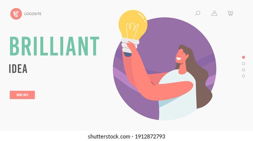 Brilliant Idea Landing Page Template. Happy Female Character Holding Glowing Lamp, Woman with Lightbulb Thinking, Brainstorming, Research Solution, Eureka Inspiration. Cartoon Vector Illustration