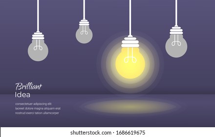 Brilliant idea light bulb concept with dark background illustration. Vector template for website, banner, flyer, poster and printing