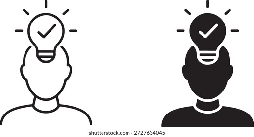 Brilliant idea successfully implemented, represented by a person with a lightbulb and checkmark isolated on white background