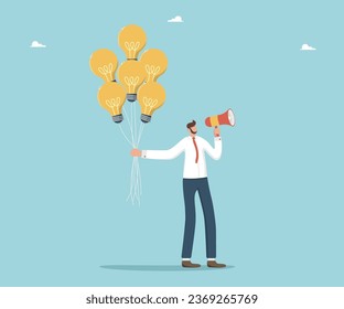 Brilliant ideas for business development and overcoming difficulties, intelligence and creativity to achieve goals, mentoring in creating innovation, man holding light bulbs balloons and loudspeaker.