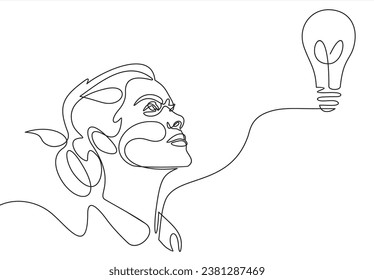 Brilliant ideas coming to my mind.Continuous one line drawing.Girl Face Profile Light bulb Conceptual Vector Illustration.Continuous one line drawing