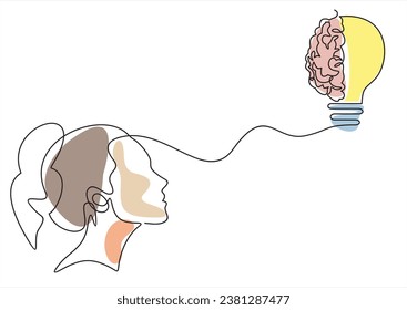 Brilliant ideas coming to my mind.Continuous one line drawing.Girl Face Profile Light bulb Conceptual Vector Illustration