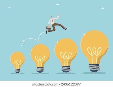 Brilliant ideas or innovations to achieve success, creative methods for solving business problems, thought process or intelligence for career growth, man running along rising light bulbs.