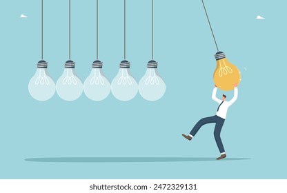 Brilliant ideas or innovations to achieve success, creative methods for solving business problems, choosing the right idea for business prosperity or career growth, a man turns on a light bulbs.