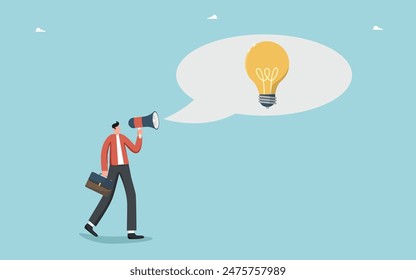 Brilliant ideas or innovations to achieve success, creative methods for solving business problems, choosing the right idea for business prosperity or career growth, leader broadcasting ideas.