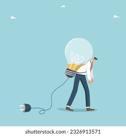 Brilliant ideas for solving business problems are running out, lack of creativity to get out of a difficult situation, searching for ways to achieve goals, exhausted man carries discharged light bulb.