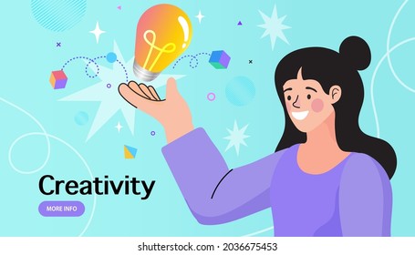 Brilliant Inspiration Idea. Woman thinks of great idea. Good idea reach inspiration motivation, found solution for success at work. woman and a lightbulb. Flat Cartoon Vector Illustration.