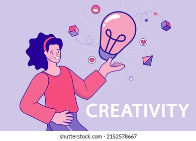 Brilliant Inspiration Idea. Woman thinks of great idea. Good idea reach inspiration motivation, found solution for success at work. woman and a lightbulb. Flat Cartoon Vector Illustration.