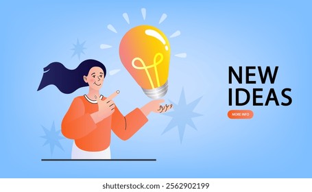 Brilliant Inspiration Idea. Woman thinks of great idea. Good idea reach inspiration motivation, found solution for success at work. woman and a lightbulb. Flat Cartoon Vector Illustration.