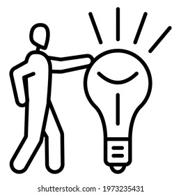 Brilliant Inventor, Creative Man Invented A Successful Idea. Innovation, Success. A Man Touches The Light Bulb Hand. Vector Icon, Outline, Isolated.