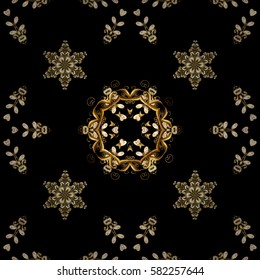 Brilliant lace, stylized flowers, paisley. Oriental style arabesques. Seamless golden texture curls. Seamless pattern on black background with golden elements. Openwork delicate golden pattern. Vector
