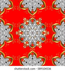 Brilliant lace, stylized flowers, paisley. Seamless pattern on red background with white elements. Openwork delicate white pattern. Seamless white texture curls. Vector. Oriental style arabesques.