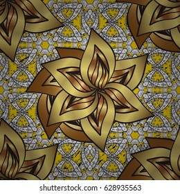 Brilliant lace, stylized flowers, paisley. Openwork delicate golden pattern. Pattern on yellow background with golden elements. Golden texture curls. Oriental style arabesques. Vector.