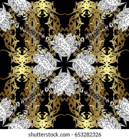 Brilliant lace, stylized flowers, paisley. Seamless pattern on black background with golden elements. Seamless golden texture curls. Openwork delicate golden pattern. Vector oriental style arabesques.