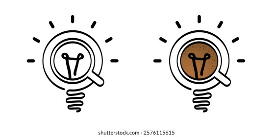 Brilliant light, bulb coffee idea. Mug, cup and lamp ideas. Cartoon coffee cup or teacup line pattern. Coffee a clock or tea time. Beverage logo. Work, life balance concept for full energy, lightbulb.