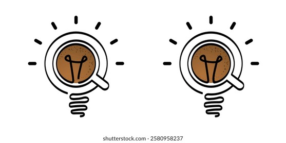 Brilliant light, bulb coffee idea. Mug, cup and lamp ideas. Cartoon coffee cup or teacup line pattern. Coffee a clock or tea time. Beverage logo. Work, life balance concept for full energy, lightbulb.