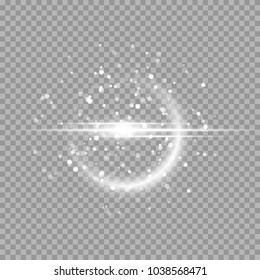 Brilliant light effect with silvery rays and bright particles on a transparent background