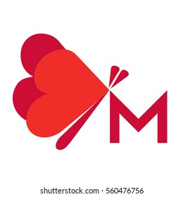 Brilliant M Letter and Butterfly with Heart Wings Icon Logo Emblem
