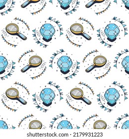 Brilliant and magnifying glass. Seamless pattern on a white background. Cute vector illustration.