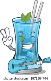 brilliant musician of blue hawai cocktail cartoon design playing music with a guitar