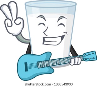 brilliant musician of glass of milk cartoon design playing music with a guitar. Vector illustration