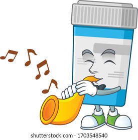 A brilliant musician of medical bottle cartoon character playing a trumpet