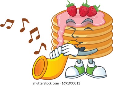 A brilliant musician of strawberry cream pancake cartoon character playing a trumpet