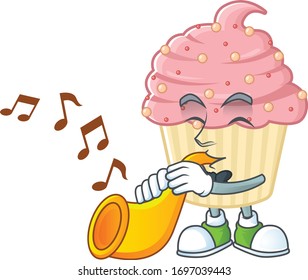 A brilliant musician of strawberry cupcake cartoon character playing a trumpet