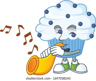 A brilliant musician of vanilla blue cupcake cartoon character playing a trumpet