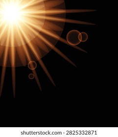 A brilliant orange sunburst effect with radial light beams spreading across a deep black background, featuring two small dark circles for design.
