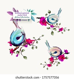 Malur pintado brillante en ramas con hojas. Aves aisladas en blanco. Dibujado a mano, ilustración de acuarela. Elementos de diseño. Vector - stock.