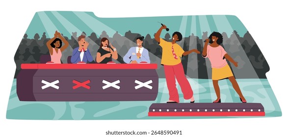 Desempenho brilhante do talentoso casal afro-americano de cantores no palco durante o show de música vocal de tv desenho animado vetor ilustração. Equipe do júri de celebridades e auditório saltando em aplausos ruidosos