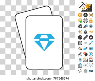 Brilliant playing cards pictogram with additional bitcoin mining and blockchain design elements. Flat vector pictograms for crypto-currency apps.