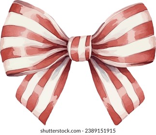 Brilliant Red bow with white strips, watercolor vector illustration, christmas element. Template for gift decoration, greeting cards, invitation, wedding card, save the date, celebration, anniversary.