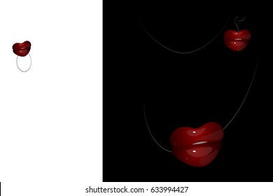 Brilliant red mouth lips on white and black background. Beads, earring and ring decoration.